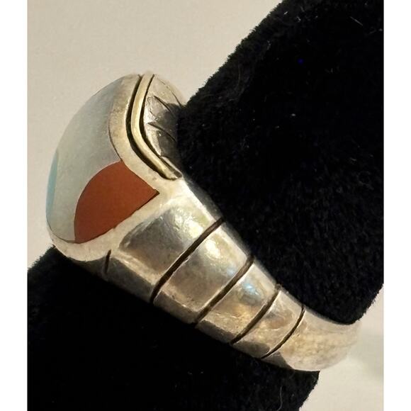 Asch Grossbardt 925/18K MOP/Turquoise/Malachite/Coral Inlay Ring Sz 6 - Picture 6 of 7